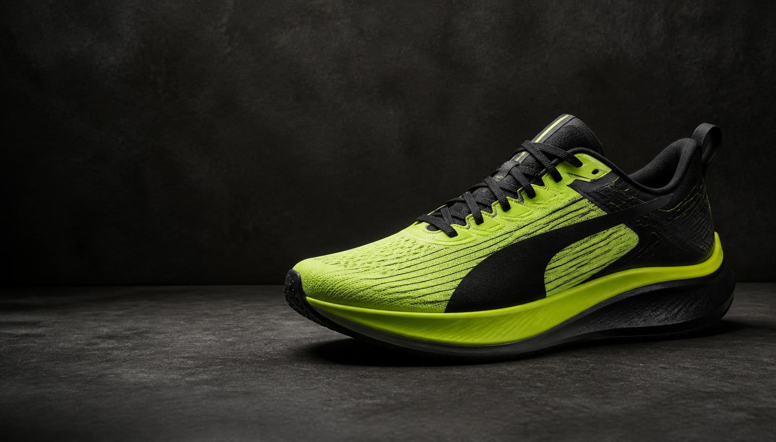 Sepatu lari warna lime dan hitam di atas permukaan beton gelap
