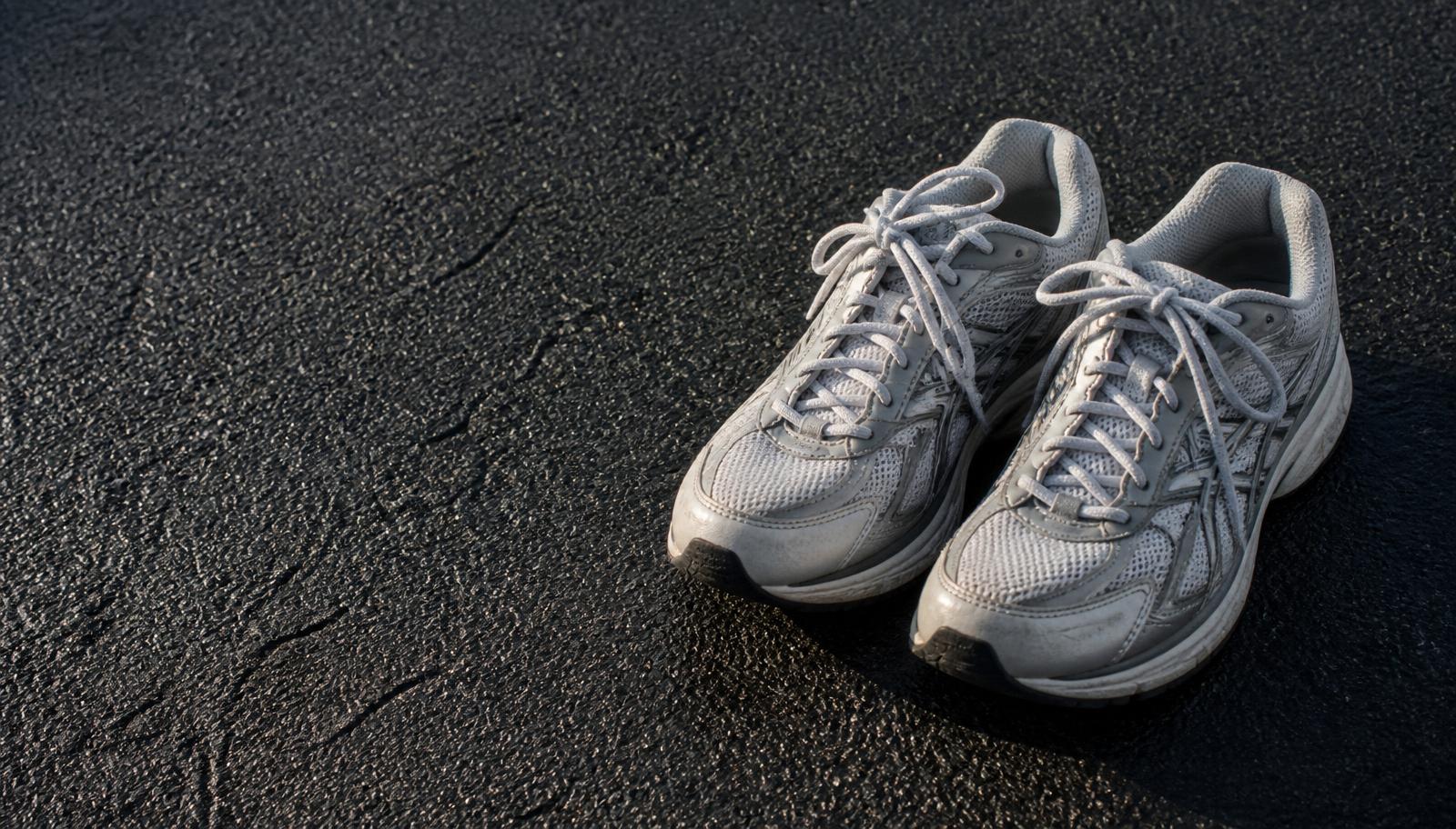 Sepasang sepatu lari putih bekas pakai di atas aspal saat pagi