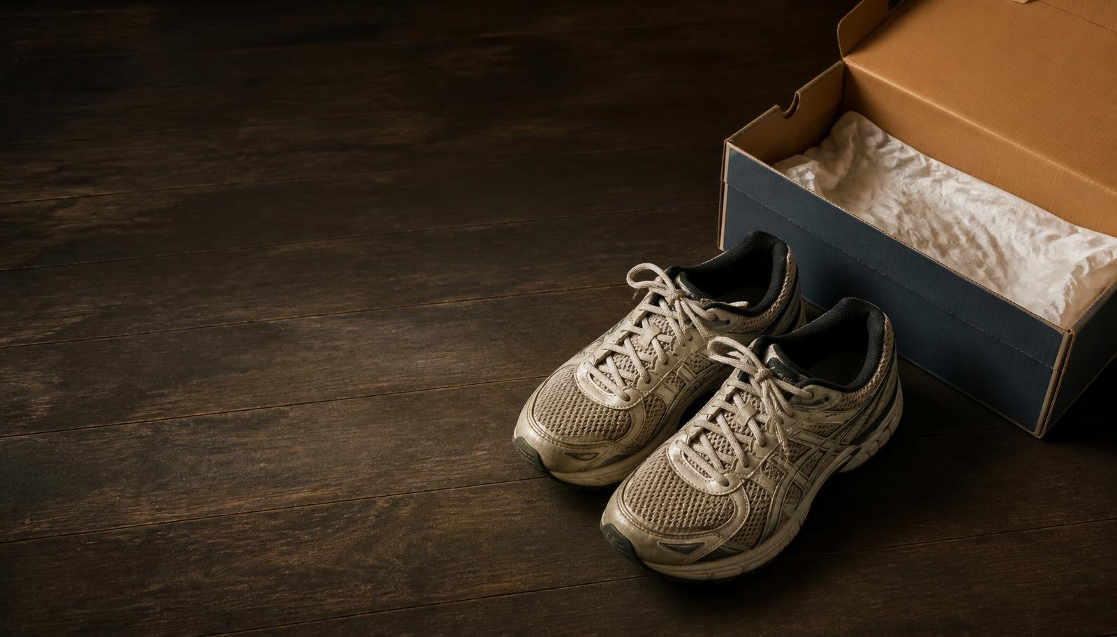Sepatu lari bekas rapi di samping kotak sepatu, siap dijual kembali